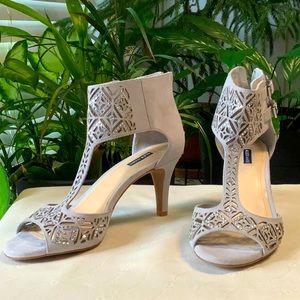 Alex Marie 2.25” grey and rhinestone suede heels